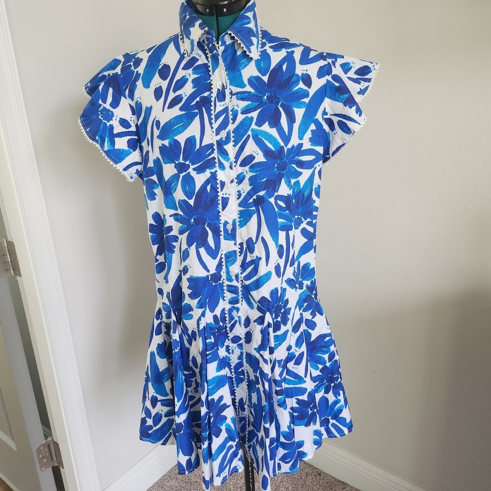 Anthropologie Laprogee Dress Womens Large Blue Floral Low Waisted Lace Trim